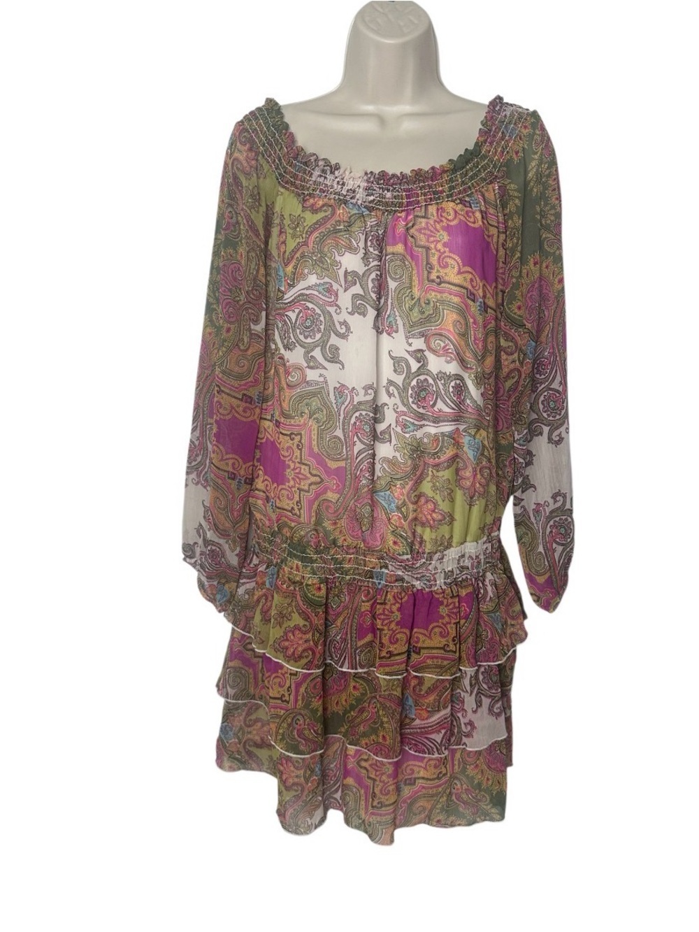 grass collection Paisley Tiered Peasant Dress in Pink, Green, White